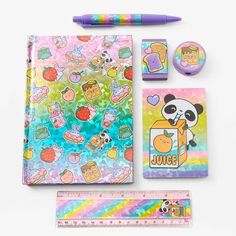 an assortment of stationery items including pens, markers and magnets