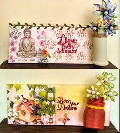 two shelfs with flowers and pictures on them, one has a buddha figurine