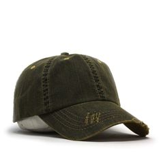 Distressed, Unstructured Soft Crown Low Fitting 6 Panel Cap Features a Dirty Wash, Providing a Vintage Worn-Out Look Pro Stitch on Crown, 6 Embroidered Eyelets and 6 Rows Stitching on Visor Adjustable Velcro Closure One Size Fits Most 100% Herringbone Cotton Casual Distressed Brown Baseball Cap, Distressed Green Cap Hat, Green Distressed Cap, Distressed Green Cap, Nyc Cap, Hat Aesthetic, 6 Panel Cap, Vintage Wear, The Vintage