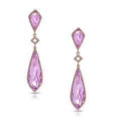 Art deco inspired pink amethyst kite shape and diamond dangle earrings in 14k solid gold m Amethysts are viewed as a stone of peace and calming presence and high aspirations for life L Four kite shaped pink amethysts surrounded by small shimmering diamonds pave set in 14k gold k available in lemon quartz, green amethyst and other semi precious tones, please inquire for pricing m Dimensions: length 50 mm width 11 mm Diamond Information: 204 diamonds .50 cts Stone Information: 4 pink amethysts Gol Teardrop Diamond Accents Fine Jewelry, Elegant Dangle Gemstone Jewelry, Fine Jewelry With Diamond Accents, Elegant Gemstone Dangle Jewelry, Luxury Gemstone Dangle Earrings, Fine Jewelry With Diamond Accents Drop Style, Fine Jewelry With Diamond Accents In Drop Shape, Elegant Purple Briolette Earrings, Luxury Purple Drop Jewelry