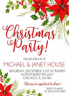 christmas party flyer with poinsettis and holly