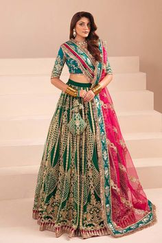 Pakistani Wedding Dress with Green Lehenga Choli and Blue Contrast is Richly embroidered and sequinned emerald green lehnga with teal blue rawsilk choli. Walima Dresses Pakistani, Bridal Lehenga Indian, Mendhi Outfit, Bride Fashion Illustration, Pakistani Mehndi Dress, Green Lehenga Choli, Pakistani Lehenga, Indian Bridal Sarees, Walima Dress