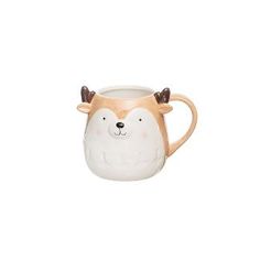 a white and brown mug with deer horns on it's head, sitting in front of a white background