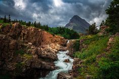 a river running through a lush green forest next to a mountain covered in clouds and trees