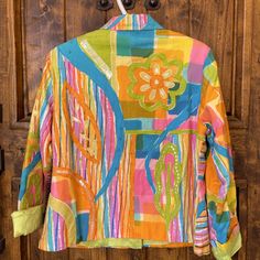 Loud 80’s Sandy Starkman Geometric Rayon Cotton Blend Light Weight Lined Jacket. Has Hand Painted Buttons And Shoulder Pads. Sandy Starkman Is A Vintage Golf Sports Line. Woman’s Size Medium New With Tags & Extra Button Smoke Free Environment Retro Multicolor Blazer For Fall, Retro Multicolor Fall Blazer, Colorful Retro Spring Outerwear, Retro Colorful Spring Outerwear, Orange Patchwork Outerwear For Spring, Spring Vintage Multicolor Blazer, Colorful Cotton Spring Outerwear, Vintage Multicolor Blazer For Spring, Vintage Multicolor Outerwear For Spring