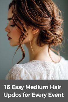 Medium hair updos offer an effortless way to upgrade your style, whether you�re heading to the office or a formal event. These easy styles keep your hair in place while maintaining a polished look. For weddings, they provide a chic complement to any gown, while remaining comfortable. Simple options like a messy bun, twisted updo, or braided chignon are quick to create and adaptable for all occasions, from casual to formal. Simple Wedding Updo For Fine Hair, Effortless Bridesmaid Hair, Casual Messy Hairstyles, Updo Hairstyles Mother Of Groom, Medium Hair Up Dos Easy, Medium Hair Event Styles, Fast Easy Updos For Medium Hair, Easy Up Styles For Medium Hair, Updo For Gala