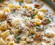 a bowl of pasta soup with meat and parmesan cheese on top, ready to be eaten