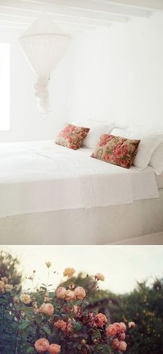 there are two pictures of a bed and flowers in the same room, one is white