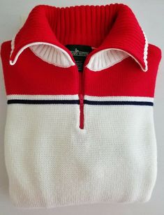 VINTAGE 70'S SKI SWEATER -Red White and Blue - Men's Small -Acrylic  Boundary Waters brand 64" cuff to cuff, 21" pit to pit, 20" pit to cuff, 23" from shoulder to hem, Retro Winter Tops With Ribbed Collar, Retro Tops With Ribbed Collar For Winter, Retro Winter Polo Sweater With Ribbed Collar, Retro Polo Sweater With Ribbed Collar For Winter, Retro Knitted Sweater For Cold Weather, Vintage Winter Sweater With Ribbed Collar, Boundary Waters, Jersey Vintage, Ski Sweater