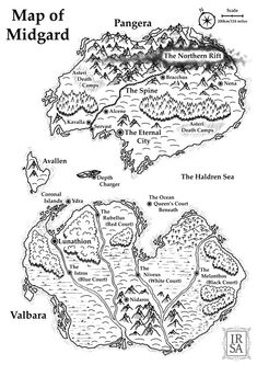 a black and white map of the middle earth with mountains, lakes, and rivers