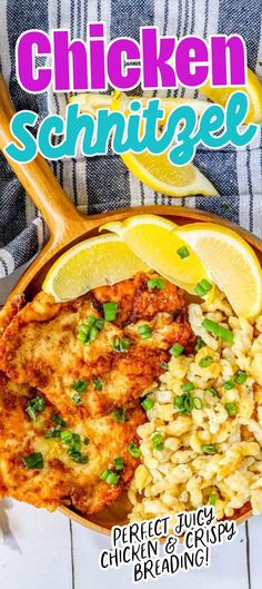 the cover of chicken schnitzel with lemons and rice in a skillet