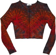 This boho-chic tie-dye blouse mixes earthy brown hues with a splash of red and other colors for a uniquely vibrant pattern.  Made from a soft rayon-spandex blend, the flattering contoured fit skims your shape without clinging. #tlb #bohemianfashion #TieDye #BohemianTop Multicolor Festival Tops For Fall, Bohemian Hand Dyed Tops For Fall, Fitted Tie Dye Hippie Tops, Fitted Hippie Tie Dye Tops, Hand Dyed Tie Dye Tops For Fall, Red Long Sleeve Hippie Top, Fitted Multicolor Hand Dyed Tops, Bohemian Hand Dyed Long Sleeve Tops, Tie Dye Long Sleeve Tops For Festival