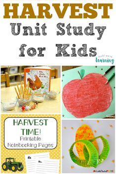 several different pictures with the words harvest unit study for kids on them, including an apple and