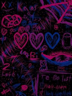 an abstract background with hearts and other symbols on black paper, painted in pink and blue