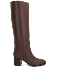 chocolate brown calf leather smooth grain tonal stitching round toe slip-on style branded leather insole 85mm block heel leather sole Formal Brown Knee-high Boots With Leather Sole, Brown Leather Heeled Boots With Sculpted Heel, Brown Calf Leather Boots Almond Toe, Classic Brown Heeled Boots With Reinforced Heel, Brown Medium Width Calf Leather Knee-high Boots, Luxury Brown Knee-high Boots For Business, Brown Almond Toe Calf Leather Boots, Brown Almond Toe Knee-high Boots For Formal Occasions, Formal Brown Knee-high Boots With Almond Toe