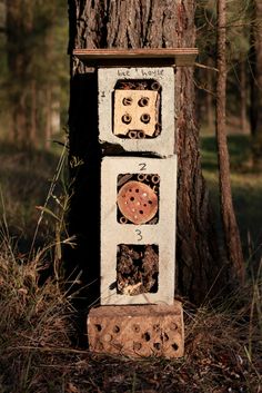 an old stove sitting in the woods next to a tree with holes and circles on it