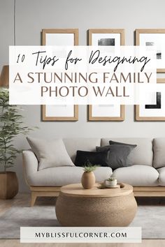 a living room with pictures on the wall and a coffee table in front of it