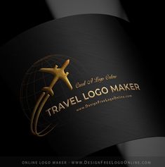 a black and gold business card with an airplane logo on the front that says travel logo maker