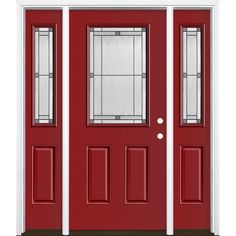 Masonite high-performance fiberglass doors feature distinct panel profiles that rival the detail of a real wood door but will not rust or dent. Additionally, Avenue glass blends contemporary details with Craftsman charm for overall allure. Together, this distinctive door design and glass pairing perfectly complements a variety of home styles. Masonite Avenue 60-in x 80-in x 4-9/16-in Fiberglass Half Lite Left-Hand Inswing Roma Red Painted Prehung Front Door with Sidelights with Brickmould Front Door With Sidelights, Door With Sidelights, Fiberglass Exterior Doors, Steel Front Door, Fiberglass Entry Doors, Craftsman Door, Stained Doors, Victorian Door, Exterior Front Doors