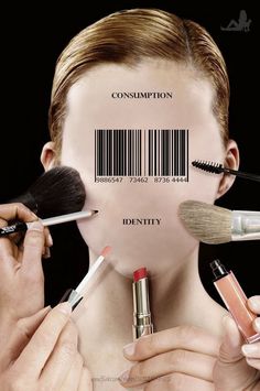 a woman with makeup brushes and cosmetics in front of her face that is barcode