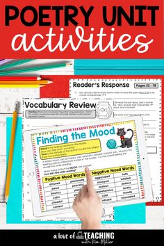 a poster with the words reading poetry unit activities and an image of a hand pointing at it