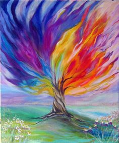 a painting of a tree with colorful colors