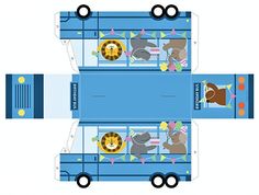 a paper toy bus with animals on the front and back sides, cut out to look like it is traveling