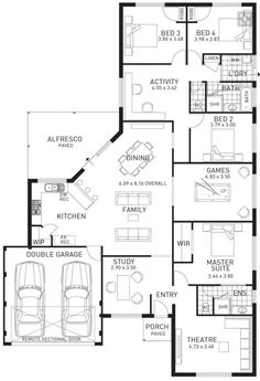 the floor plan for a two story house with three car garages and an attached living area