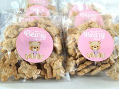 two bags of beary munchies with pink tags on the front and bottom