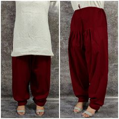 "Burgundy Women's Cotton Salwar Punjabi Patiala Pantaloons Pants  ⍟ FOR MORE COLOURS : https://etsy.me/309zY65  ● ● ● ● Features & Measure (Approx)● ● ● ●  ●Size : Select Your Size ●Length : 40\" inches   ( contact us for alternation)  ●Color : Burgundy  ●Style : Indian Punjabi Patiala Pants  ●Fabric : 100% Pure Cotton ●Condition : Brand New ●Quantity : 1 Patiala Pant ● ● ● ● SIZE CHART● ● ● ●  S - 23\" to 26\" US letter M - 27\" to 30\" US letter L - 31\" to 35\" US letter XL - 36\" to 39\" US Patiala Pant, Salwar Pants, Burgundy Style, Patiala Salwar, Pants Fabric, Trouser Style, Belly Dance, Pure Cotton, Harem Pants