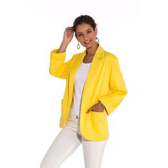 Yellow 3/4 Sleeve Fashion Lady Suit Casual Office Wear Blazer In Solid Color, Casual Office Blazer In Solid Color, Casual Office Wear Blazer, Casual Blazer For Office Wear, Spring 3/4 Sleeve Business Casual Blazer, Casual Spring Blazer For Office Wear, Casual Office Wear Blazer For Spring, 3/4 Sleeve Blazer For Office In Spring, Spring Office Wear Solid Color Blazer