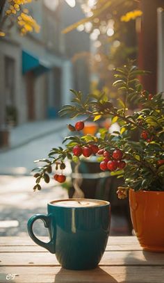 a cup of coffee sitting on top of a wooden table next to a potted plant