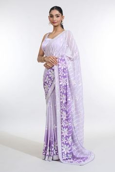 Grey and purple ombre saree with all over sequin bloom embellishments. Paired with a sleeveless round neck satin blouse. - Aza Fashions Ombre Saree, Satin Embroidery, Purple Ombre, Blouse For Women, Satin Color, Satin Blouse, Saree With Blouse, Aza Fashion, Embellishments