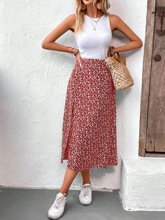 Floral Skirt Work Outfit, Casual Work Skirt Outfit, Flower Midi Skirt Outfit, Wardrobe Staples For Women In Their 30s, Summer School Teacher Outfits, Summer Outfit Inspiration 2024, Preschool Teacher Outfits Casual Summer, Teacher Business Casual Outfits, Midi Skirt Outfit Summer Casual