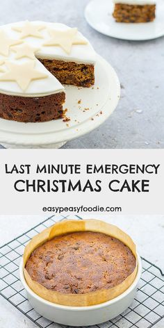 the last minute emergency christmas cake is ready to be cut into pieces and served on plates