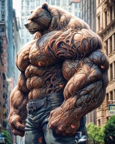 a giant bear standing in the middle of a city street with his hands on his hips