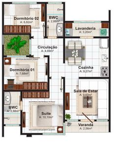 the floor plan for an apartment with three bedroom and two bathrooms, which are located in different