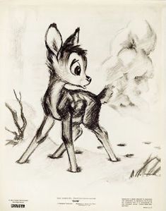 a pencil drawing of a little deer standing in the snow with its head on his back