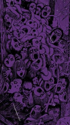 a bunch of cartoon characters are in the middle of a purple background with black and white ink