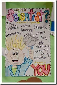 a bulletin board with an image of a man holding a light bulb and the words scientist on it