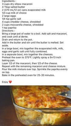 the recipe for baked macaroni and cheese casserole is shown with instructions