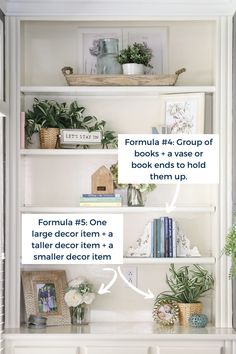 an open book shelf with books and plants on it, labeled formula 4 group of books + a vase or book ends to hold them up