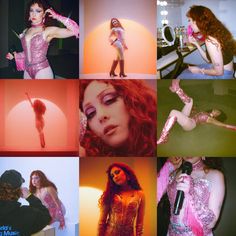 a collage of photos with women in different outfits and hair styles, all wearing pink