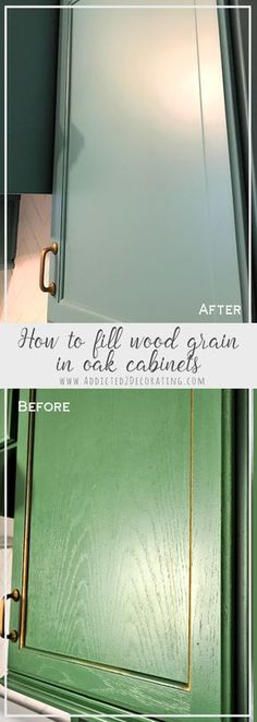 the before and after pictures of an old door painted green with gold hardware on it