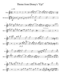 sheet music with the words theme from disney's up written in black and white