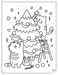 a black and white christmas tree with two cats on it, in front of a ladder