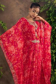 Shop for Adi By Aditya Khandelwl Red Floral Print Georgette Kaftan for Women Online at Aza Fashions Festive Floral Print Kaftan For Party, Festival Georgette Kaftan With Zari Work, Georgette Kaftan With Zari Work For Festivals, Festive Designer Kaftan With Printed Motifs, Eid Festive Kaftan With Floral Print, Festival Unstitched Georgette Kaftan, Festival Georgette Unstitched Kaftan, Festive Anarkali Kaftan With Printed Motifs, Bollywood Style Designer Kaftan With Printed Motifs