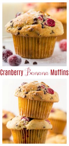 the best banana muffins with cranberry are stacked on top of each other