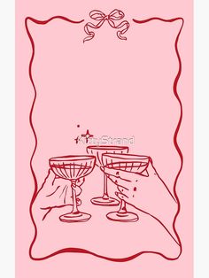 two wine glasses sitting next to each other on top of a pink background with ribbon