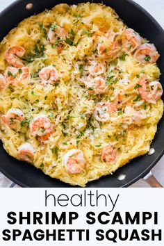 shrimp scampi spaghetti in a skillet with text overlay